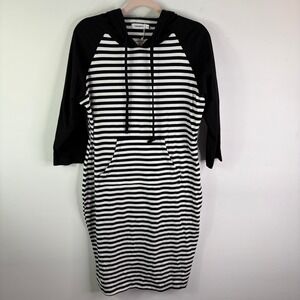 NWT Black White Stripe Hooded‎ Dress Womens XL Raglan Sleeve Casual Midi